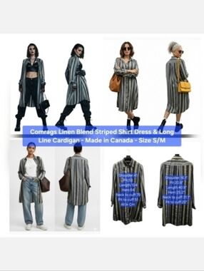 Comrags Linen Blend Striped Shirt Dress & Long Line Cardigan Size S/M